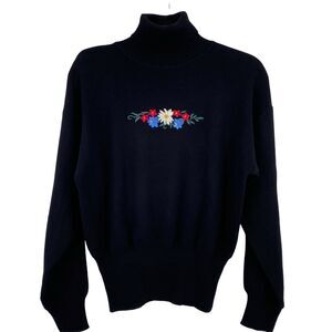 Meister Floral Folk Art Embroidered Wool Ski Turtleneck Sweater Womens Medium